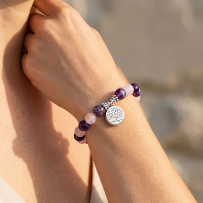 Bracelet "Amour & Spiritualité" en Améthyste & Quartz Rose - Arbre de Vie / 17cm - L'Arbre des Chakras