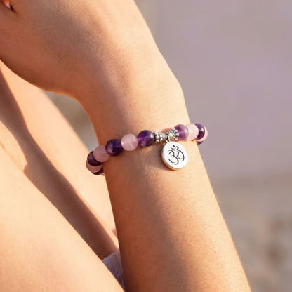 Bracelet "Amour & Spiritualité" en Améthyste & Quartz Rose - Om / 17cm - L'Arbre des Chakras