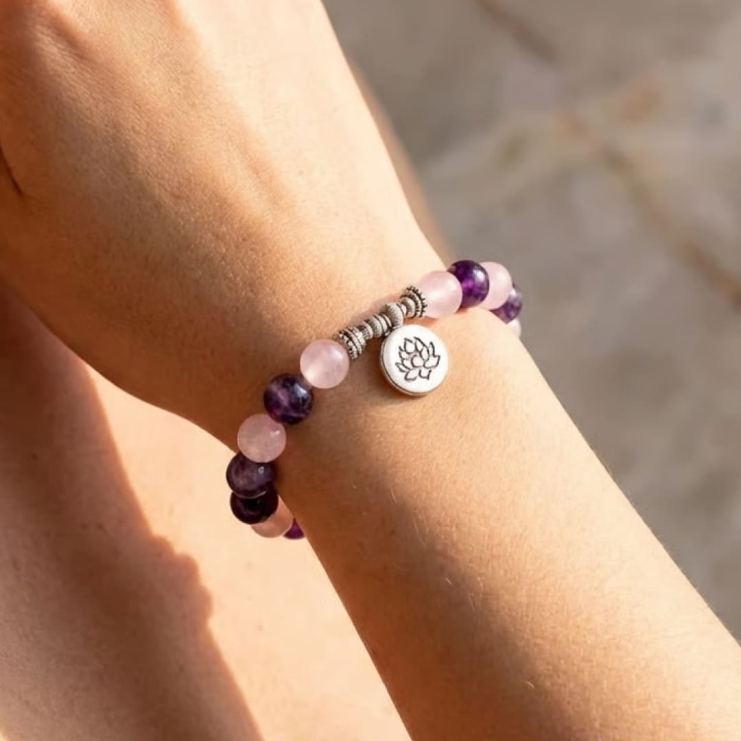 Bracelet "Amour & Spiritualité" en Améthyste & Quartz Rose - Lotus / 17cm - L'Arbre des Chakras