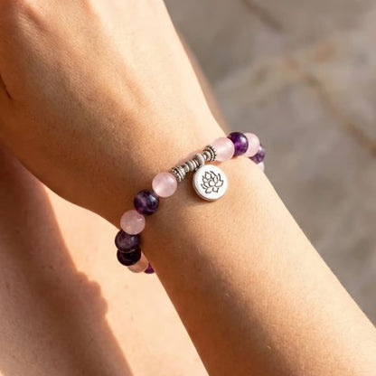 Bracelet "Amour & Spiritualité" en Améthyste & Quartz Rose - Lotus / 17cm - L'Arbre des Chakras