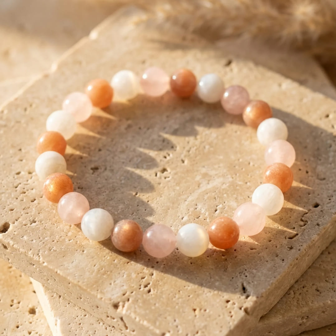 Bracelet Pierre de Soleil, Quartz Rose & Pierre de Lune — Énergie Féminine