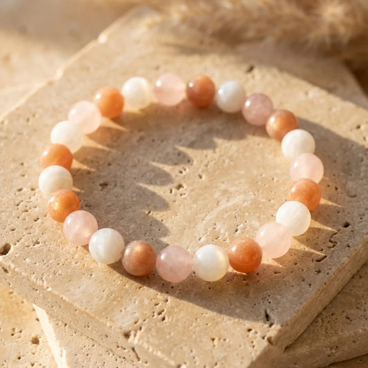 Bracelet Pierre de Soleil, Quartz Rose & Pierre de Lune — Énergie Féminine