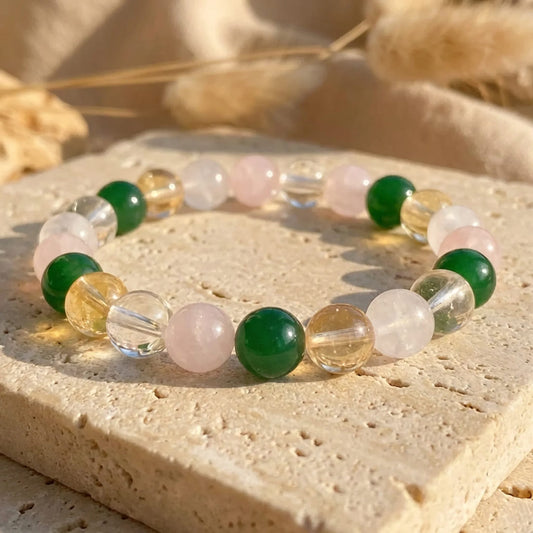 Bracelet "Chance & Opportunité" en Aventurine, Citrine, Quartz Rose & Cristal Clair - 17cm - L'Arbre des Chakras