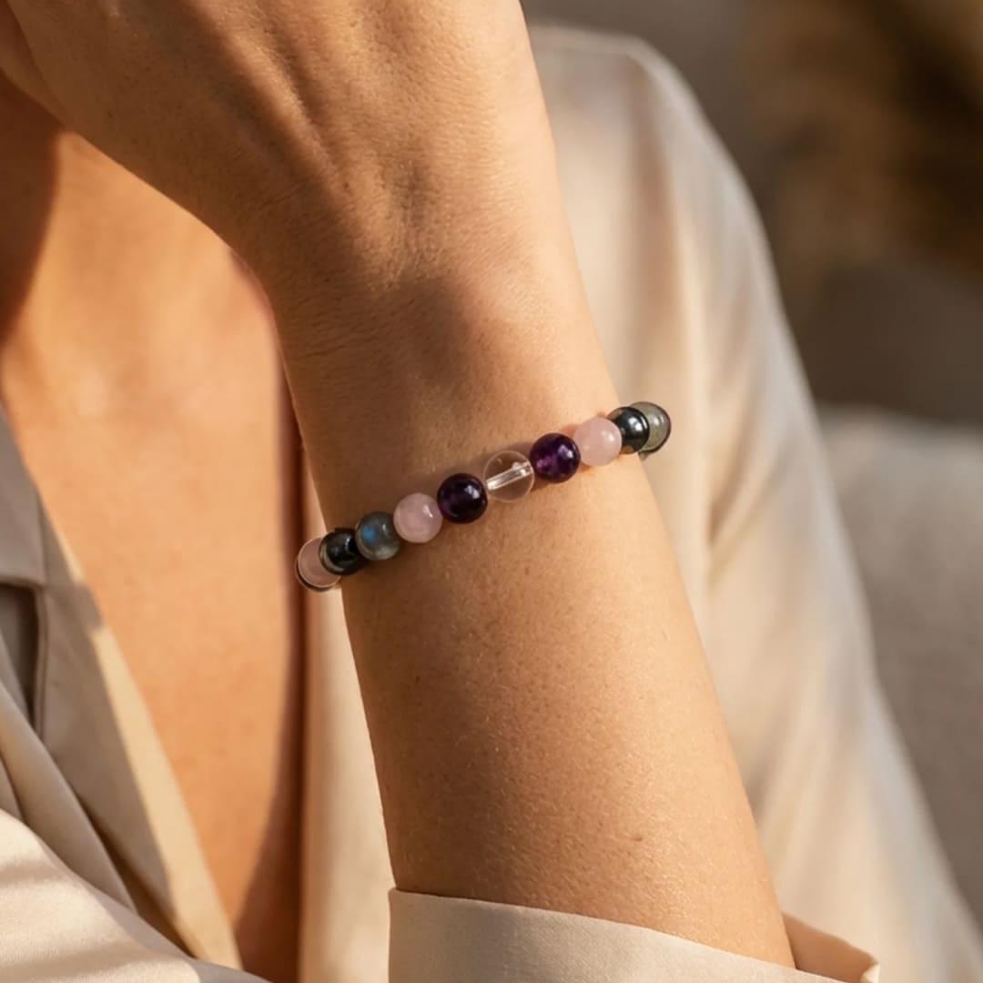 Bracelet Améthyste, Quartz Rose, Labradorite & Hématite — Haute Vibration