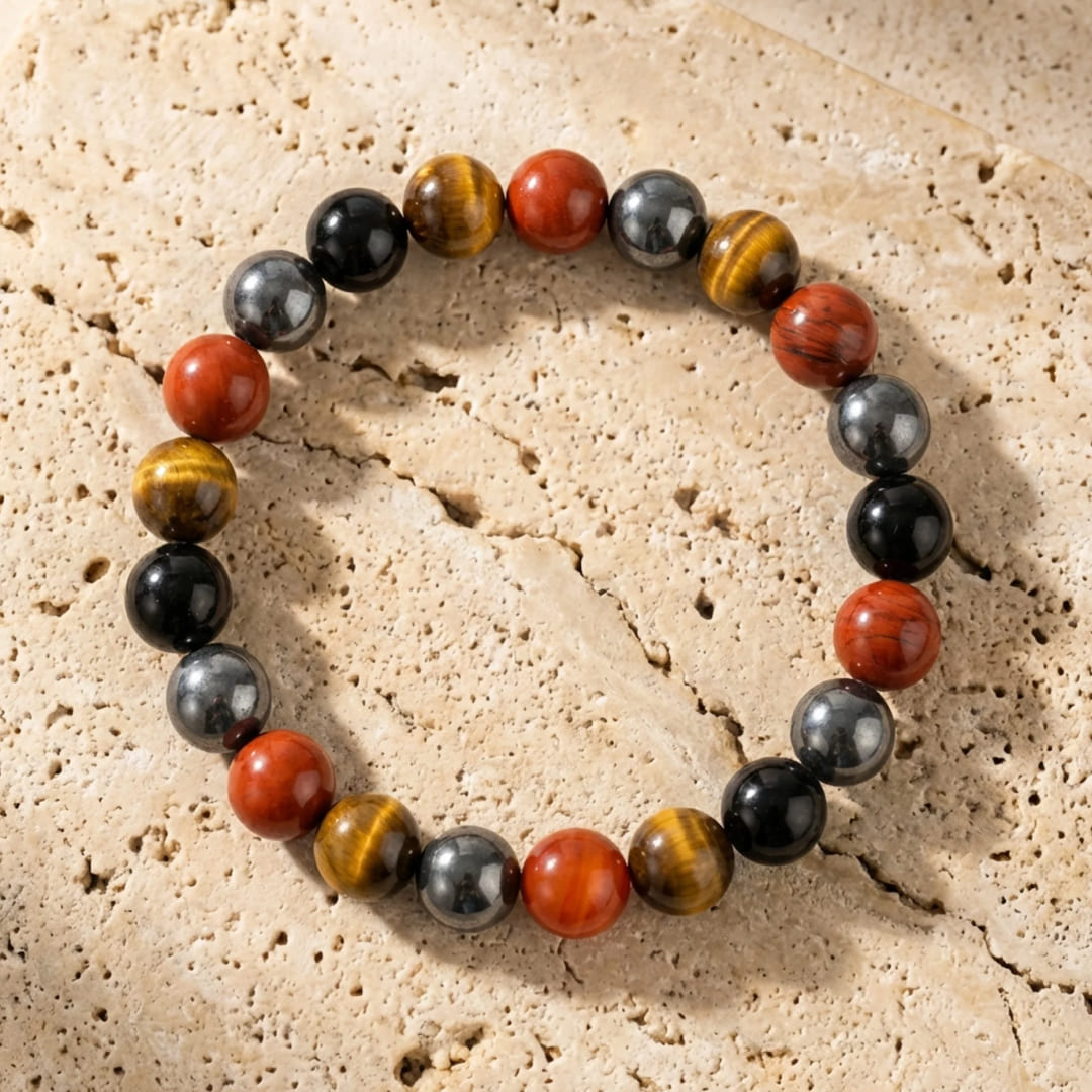 Bracelet Tourmaline, Jaspe Rouge, Hématite & Œil de Tigre — Ancrage Total