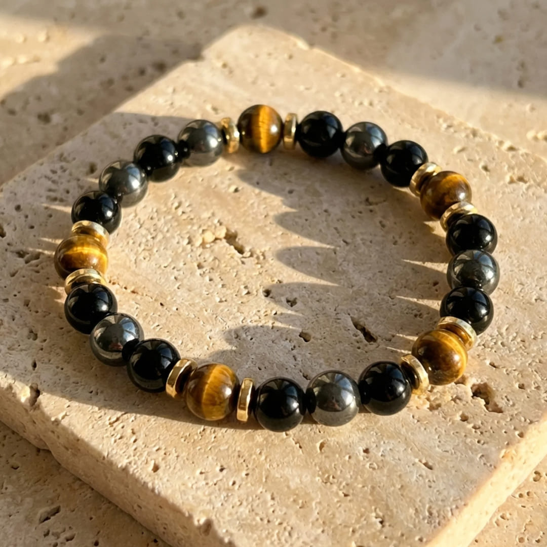Bracelet Œil de Tigre, Hématite & Onyx — Confiance & Bouclier