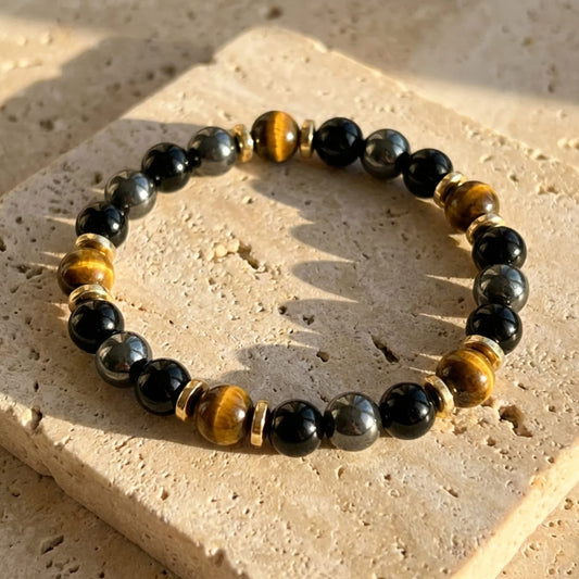 Bracelet Œil de Tigre, Hématite & Onyx — Confiance & Bouclier
