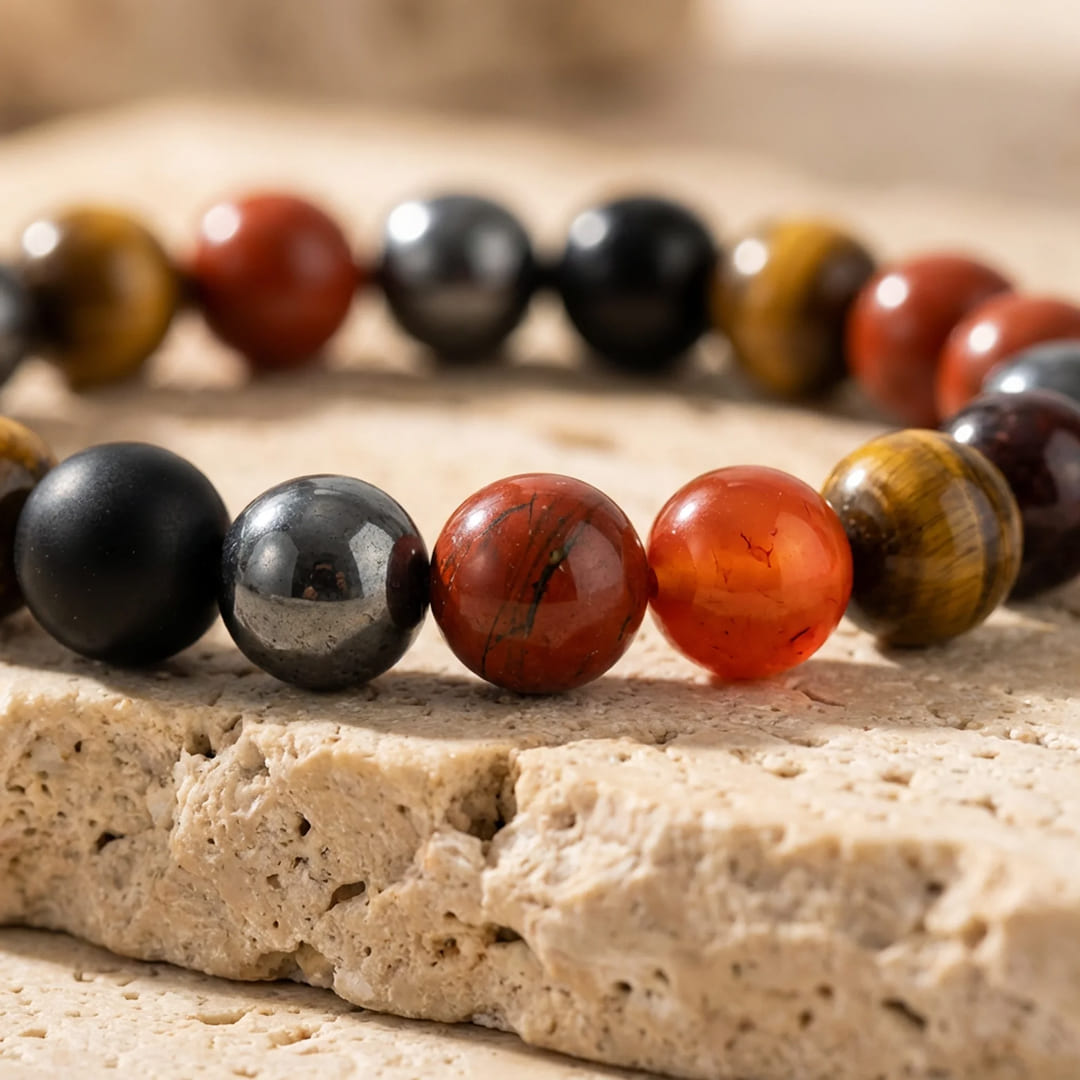 Bracelet Tourmaline, Jaspe Rouge, Hématite & Œil de Tigre — Ancrage Total