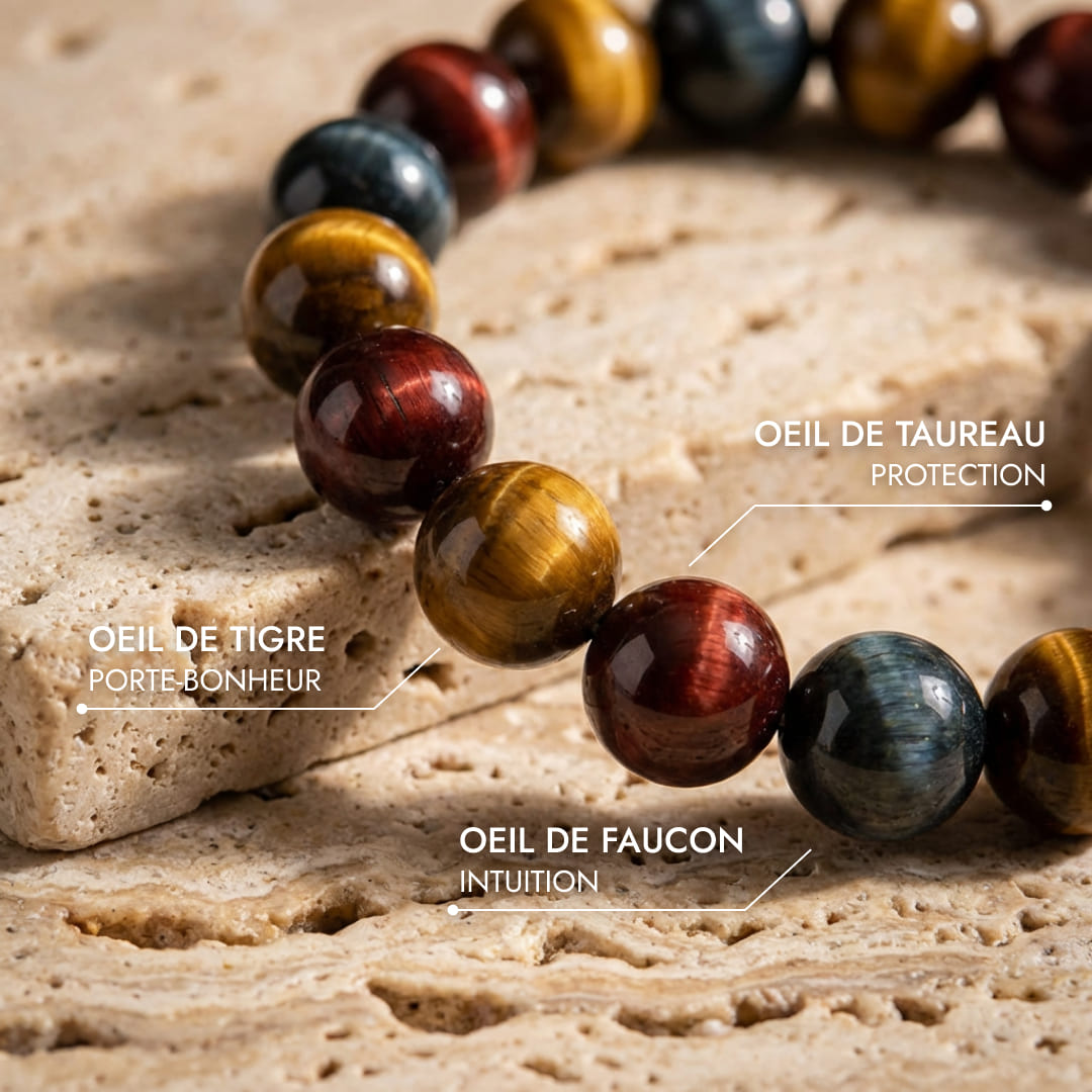 Bracelet Triple Œil — Œil de Tigre, Taureau & Faucon
