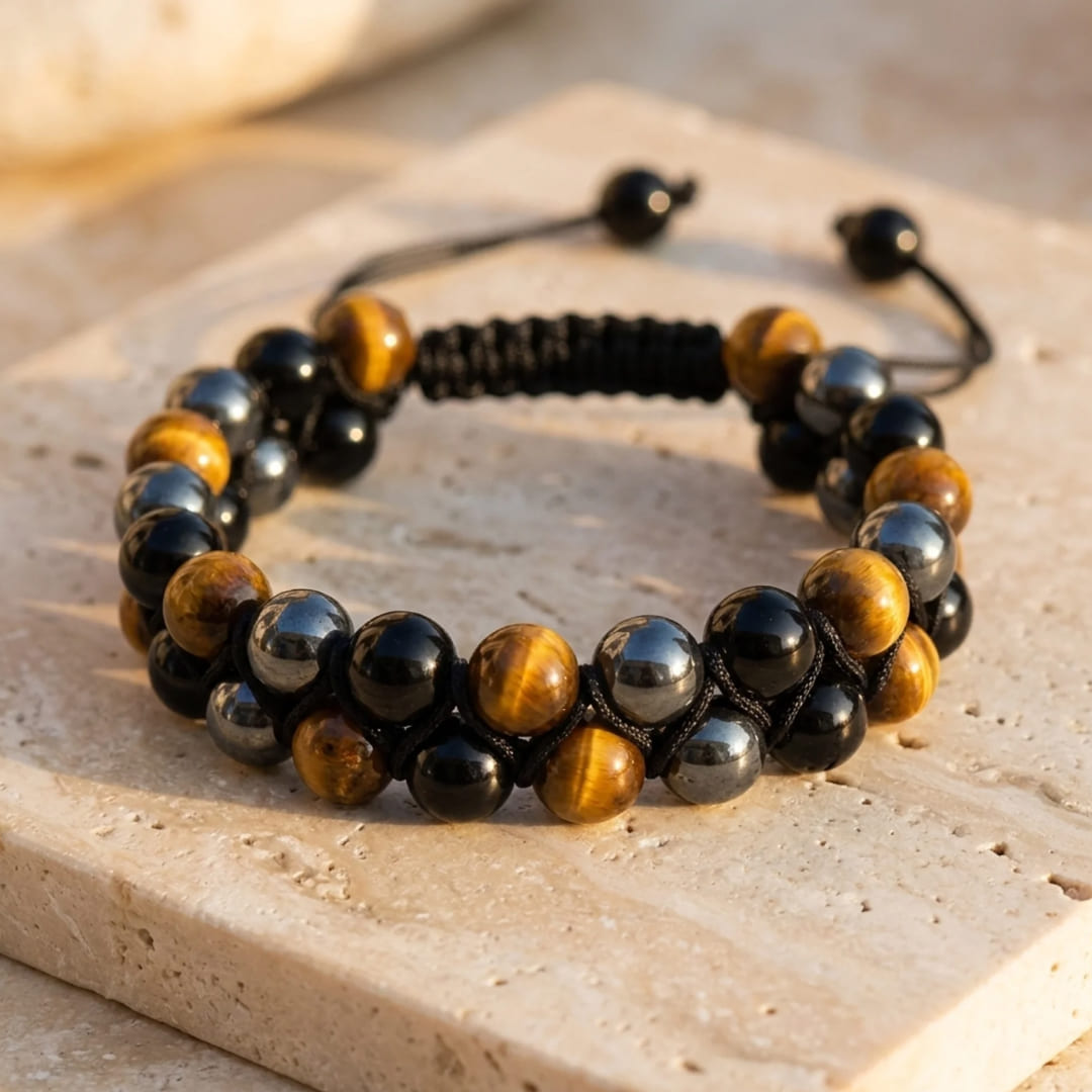 Bracelet Tressé Hématite, Œil de Tigre & Obsidienne — Triple Protection