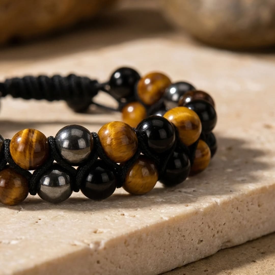 Bracelet Tressé Hématite, Œil de Tigre & Obsidienne — Triple Protection