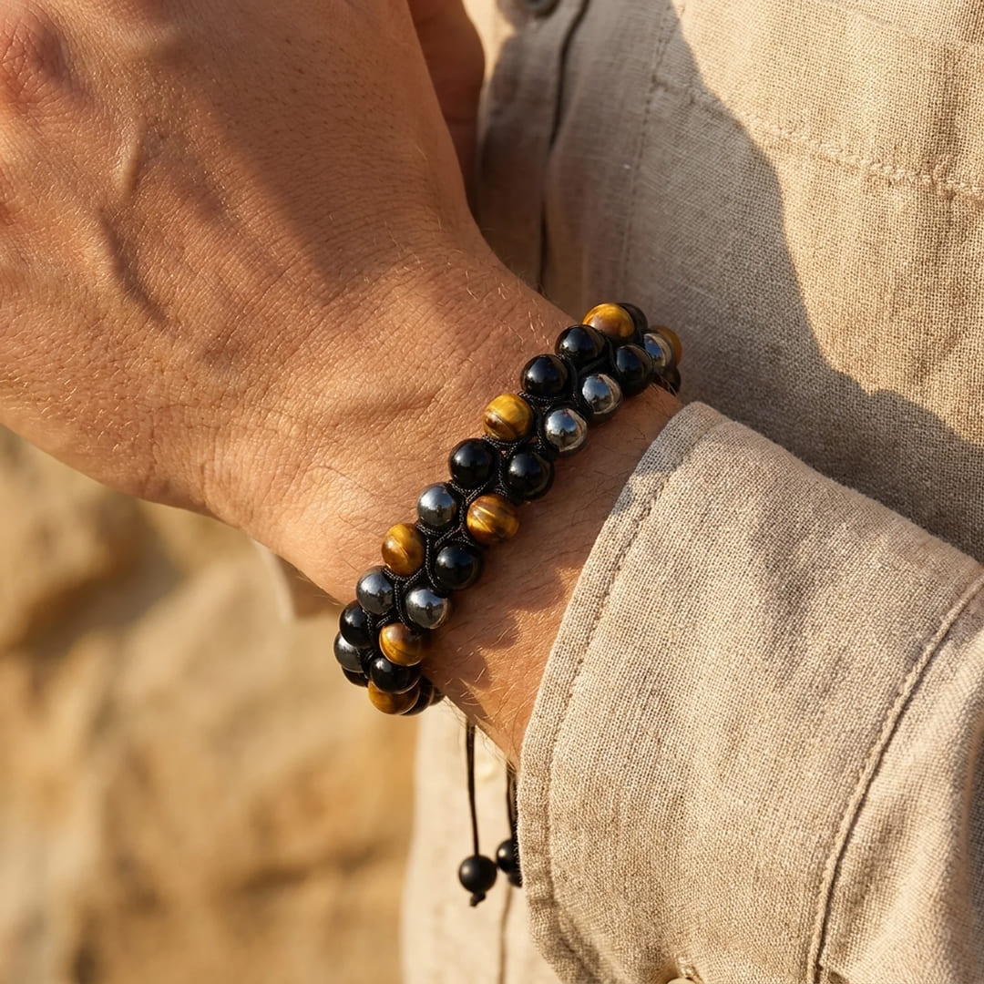 Bracelet Tressé Hématite, Œil de Tigre & Obsidienne — Triple Protection