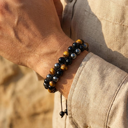 Bracelet Tressé Hématite, Œil de Tigre & Obsidienne — Triple Protection