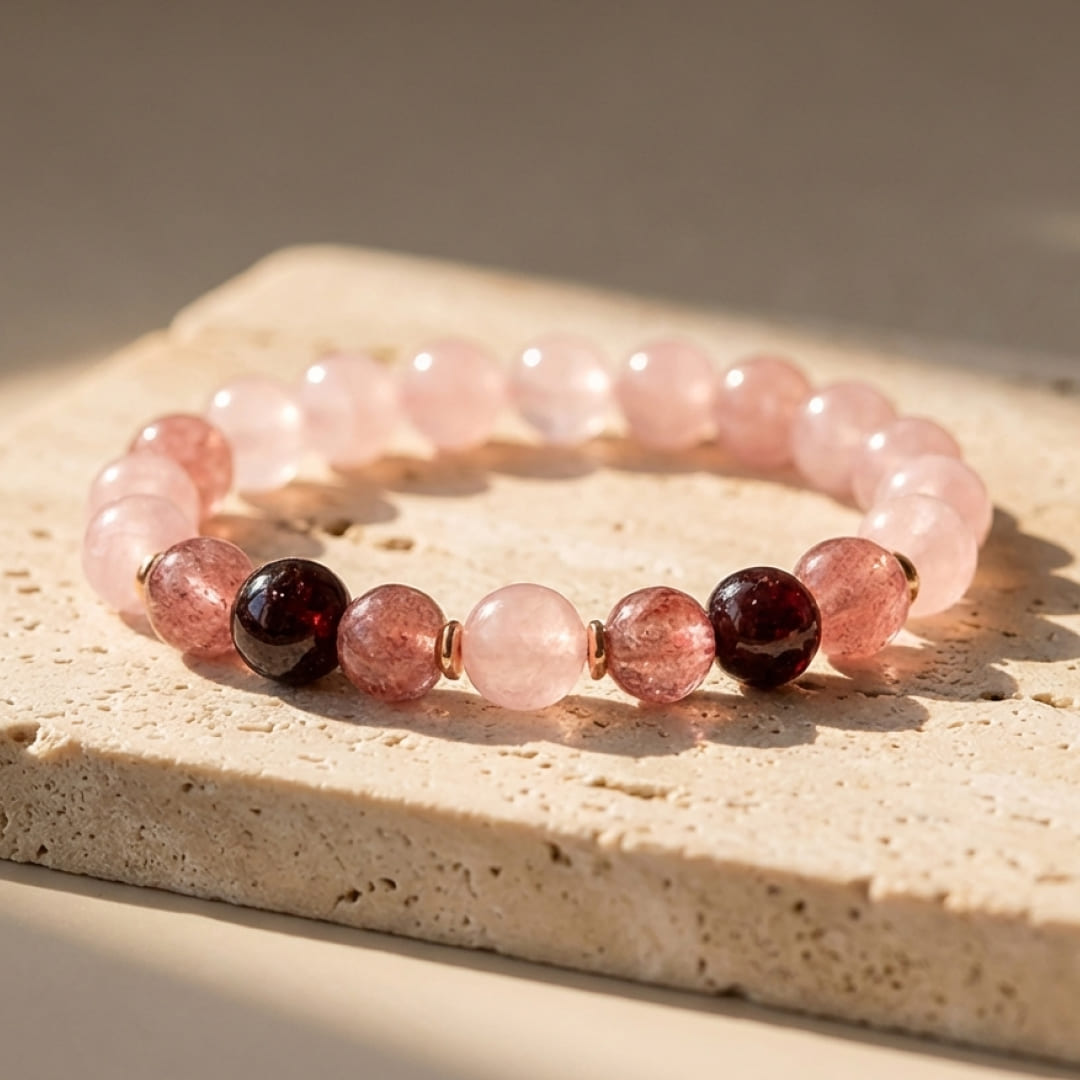 Bracelet Quartz Rose, Grenat & Quartz Fraise — Amour Profond