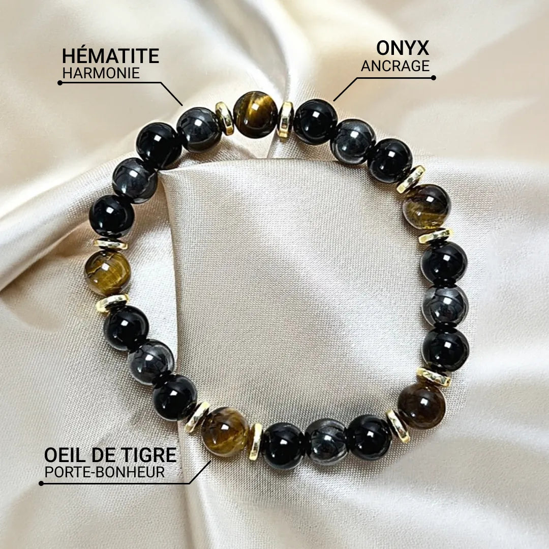 Bracelet Œil de Tigre, Hématite & Onyx — Confiance & Bouclier