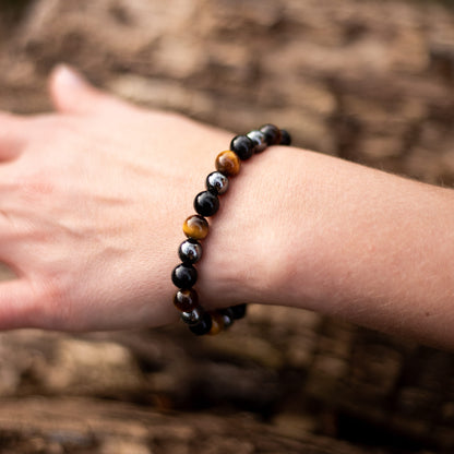 Bracelet Triple Protection — Œil de Tigre, Hématite & Obsidienne