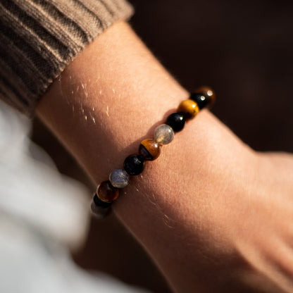 Bracelet Tourmaline, Œil de Tigre & Labradorite — Bouclier Complet