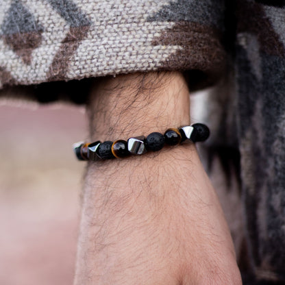 Bracelet Obsidienne, Œil de Tigre & Hématite — Bouclier Masculin