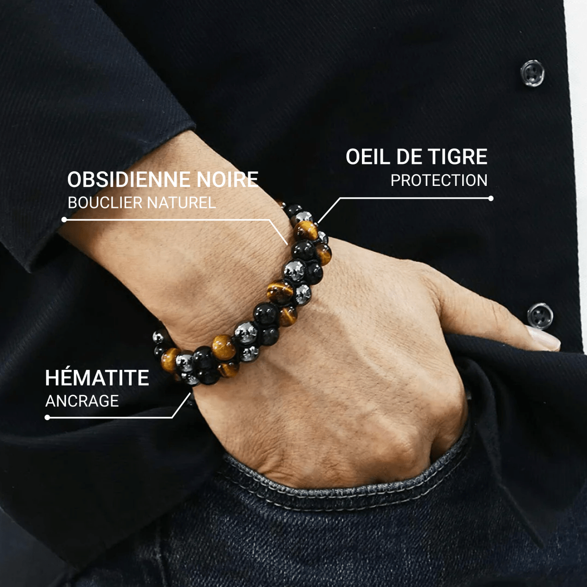 Bracelet Tressé Hématite, Œil de Tigre & Obsidienne — Triple Protection
