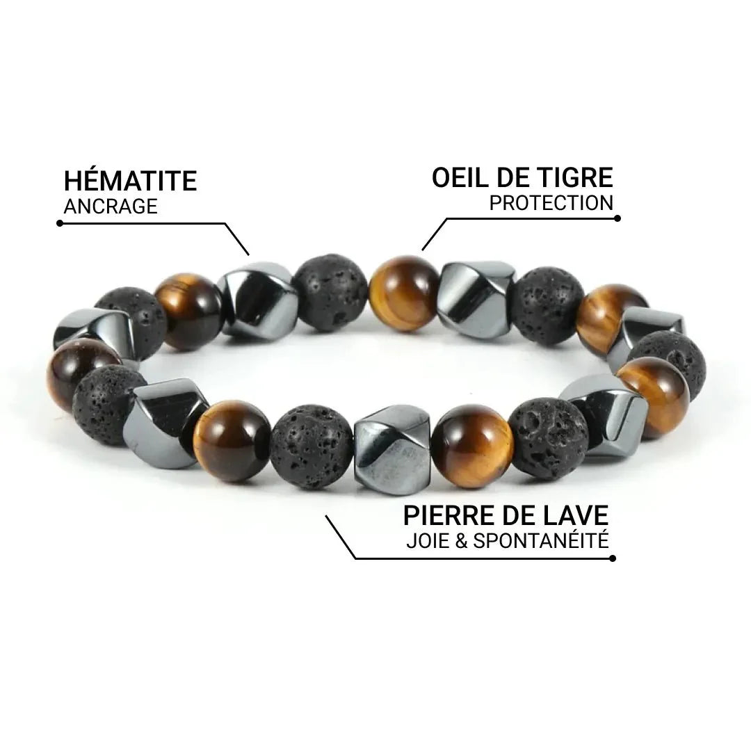 Bracelet Obsidienne, Œil de Tigre & Hématite — Bouclier Masculin