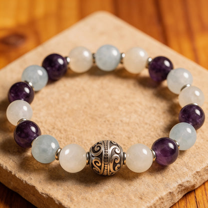 Bracelet Premium "Bien-Être Intérieur" en Améthyste, Aigue-Marine & Pierre de Lune - 17cm - L'Arbre des Chakras