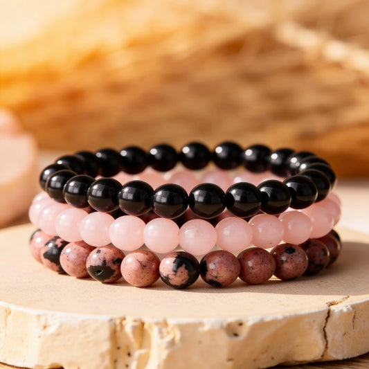 Trio de Bracelets "Paix & Équilibre" en Onyx, Quartz Rose & Rhodonite - 6mm / 17cm - L'Arbre des Chakras