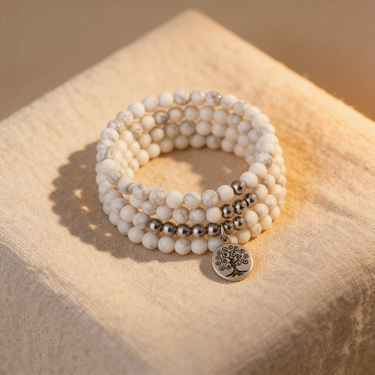 Bracelet Mala Howlite & Hématite — Bien-Être & Sérénité