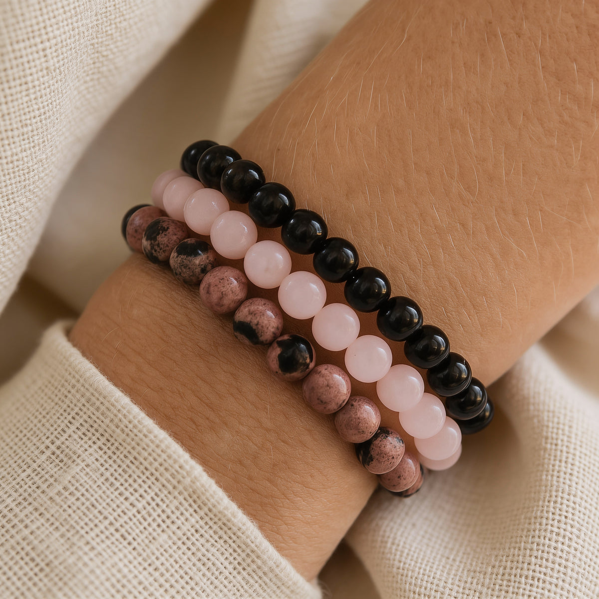 Trio Onyx, Quartz Rose & Rhodonite — Paix, Amour & Équilibre