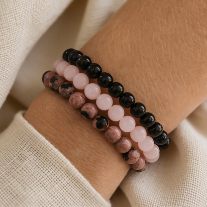 Trio Onyx, Quartz Rose & Rhodonite — Paix, Amour & Équilibre