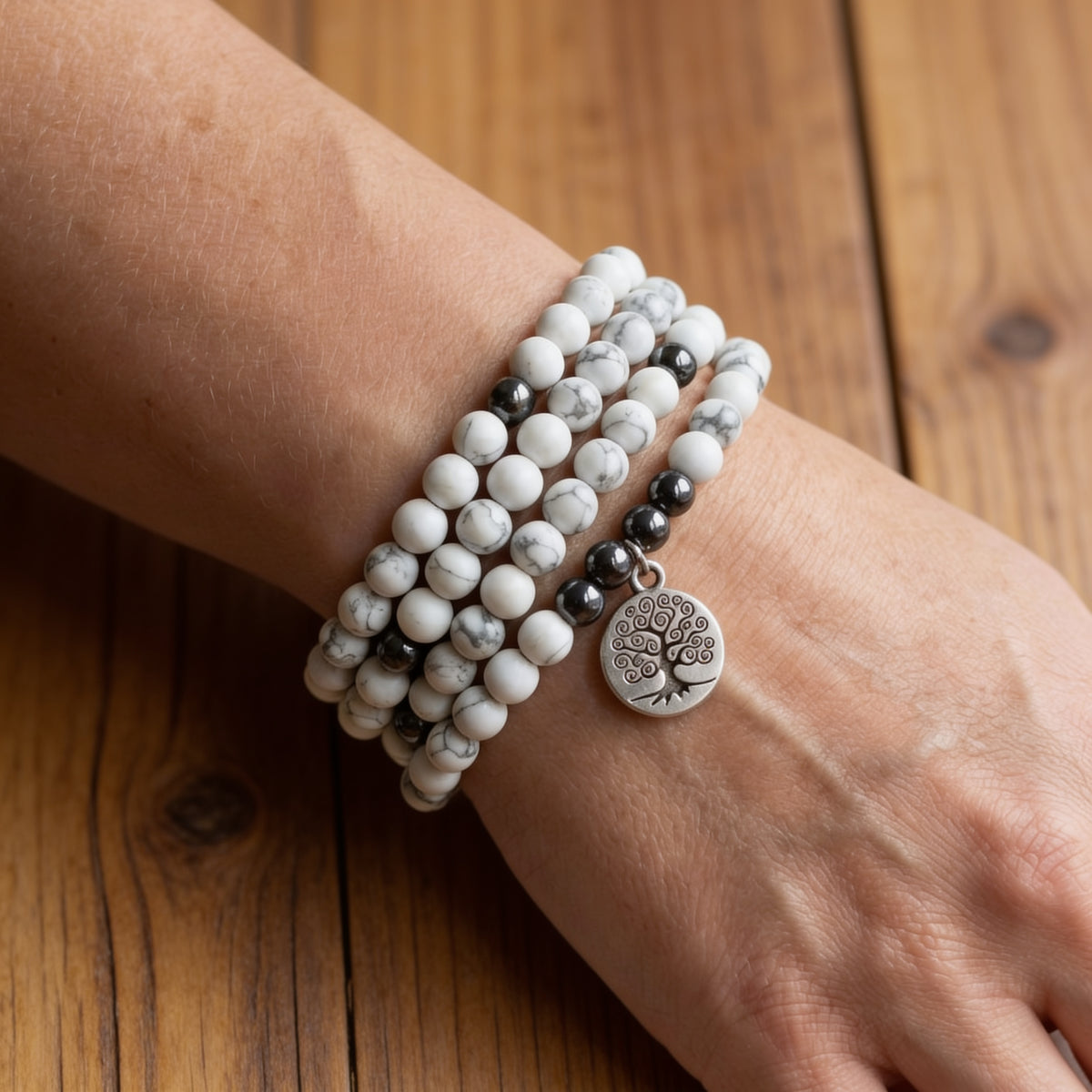 Bracelet Mala Howlite & Hématite — Bien-Être & Sérénité