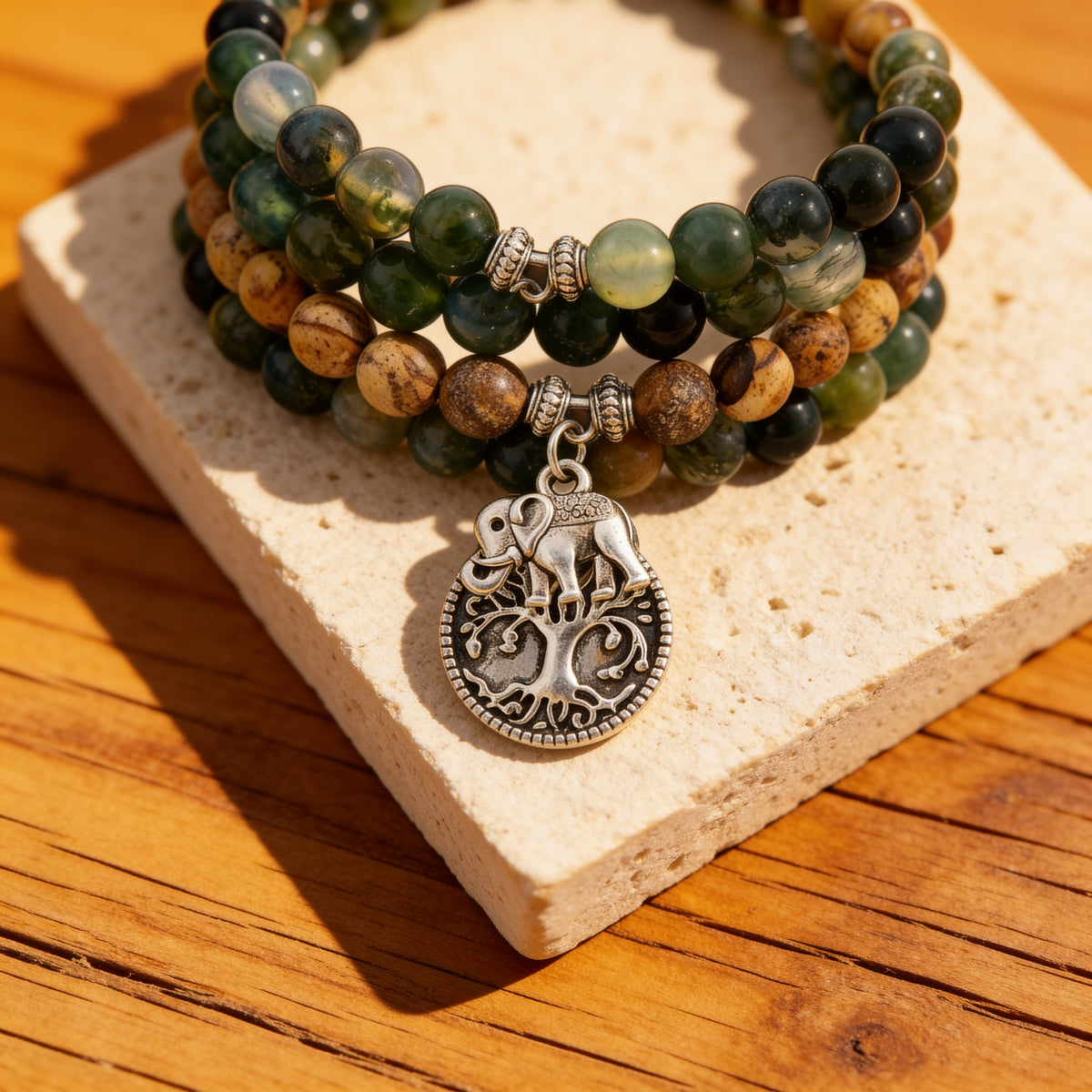 Bracelet Mala Gaia — Agate Mousse & Jaspe — Connexion à la Terre
