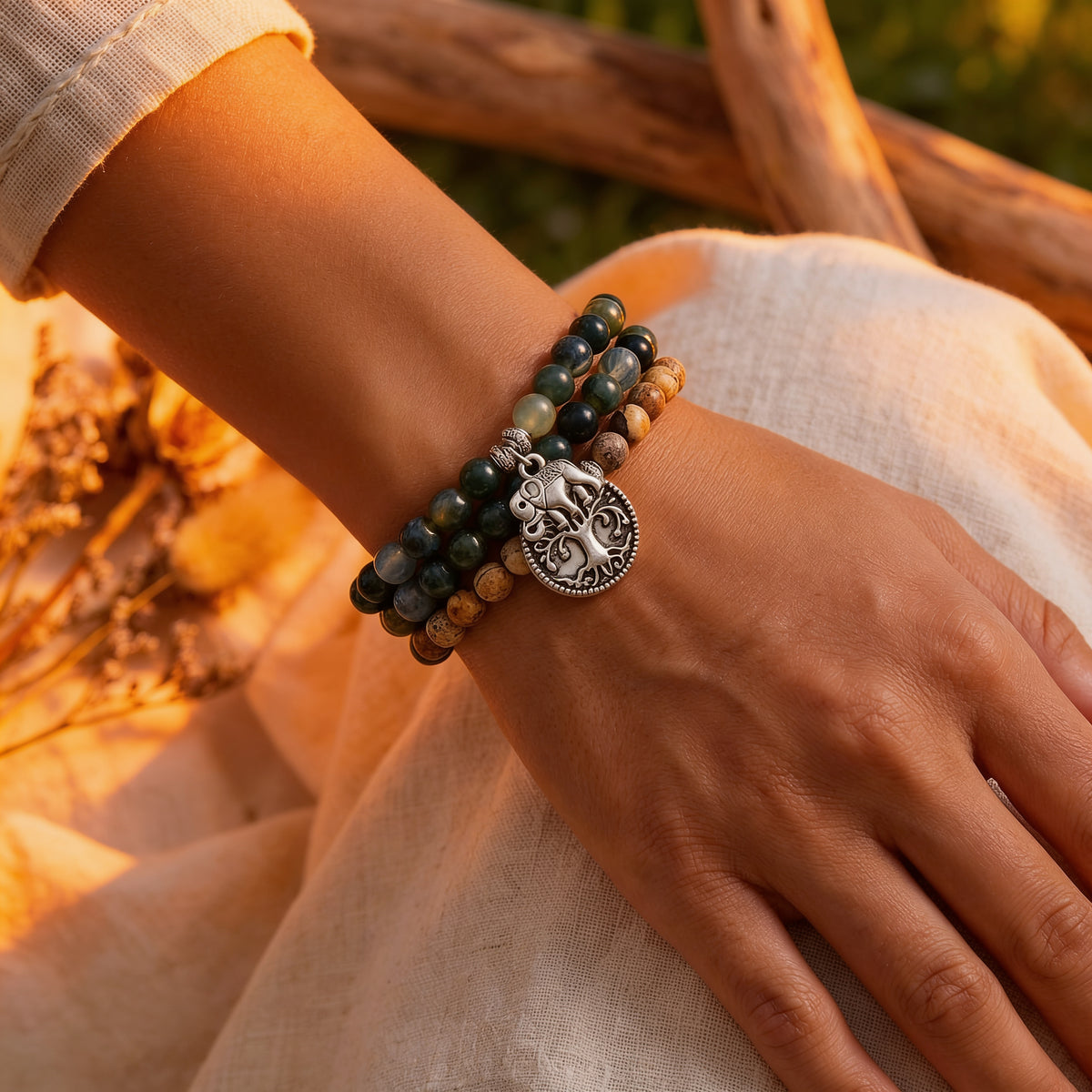 Bracelet Mala Gaia — Agate Mousse & Jaspe — Connexion à la Terre
