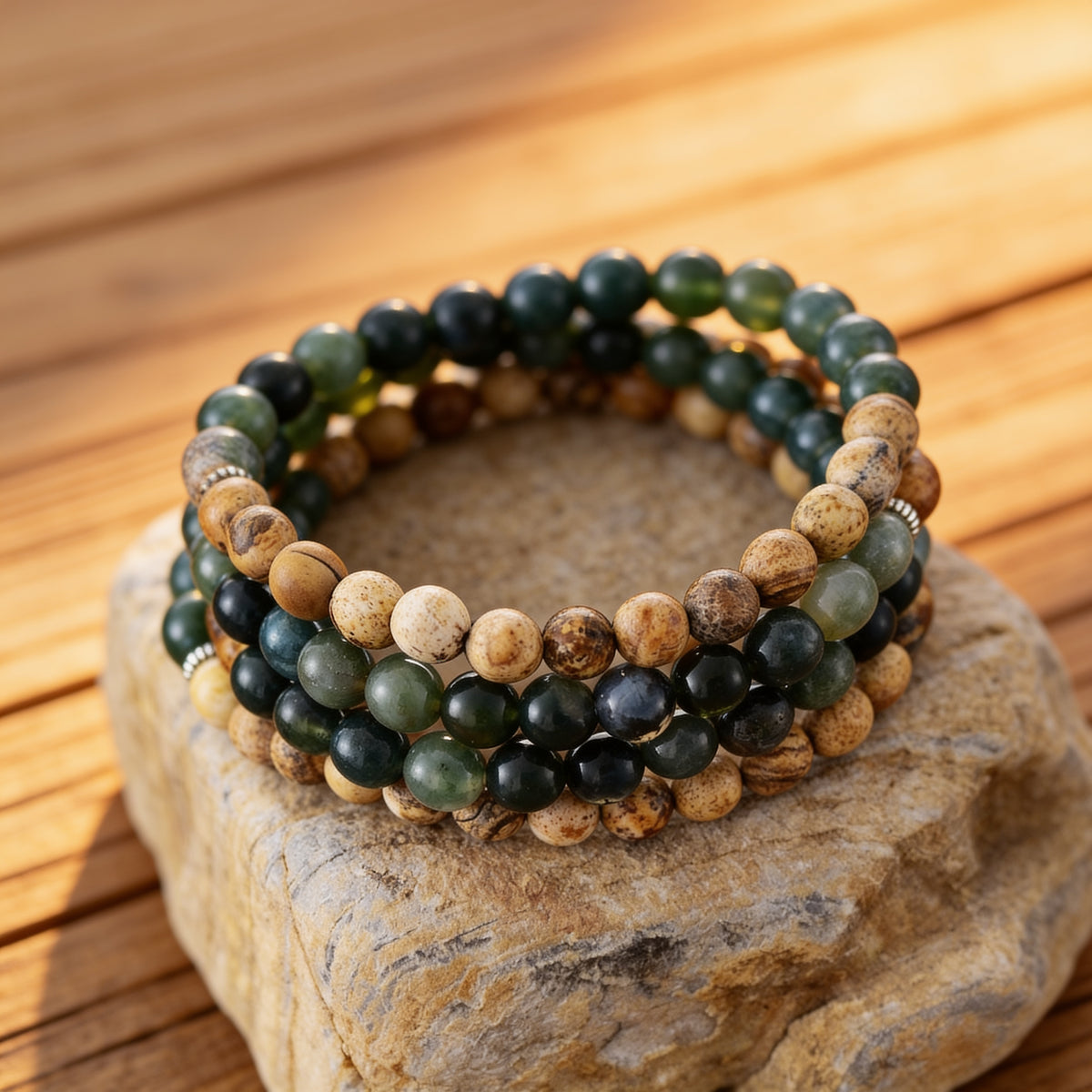 Bracelet Mala Gaia — Agate Mousse & Jaspe — Connexion à la Terre