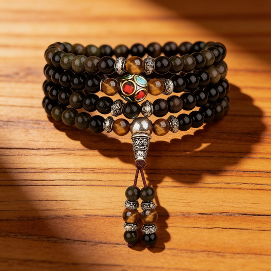 Bracelet Mala Obsidienne — Méditation Profonde & Protection