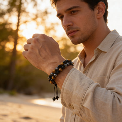 Bracelet Tressé Hématite, Œil de Tigre & Obsidienne — Triple Protection