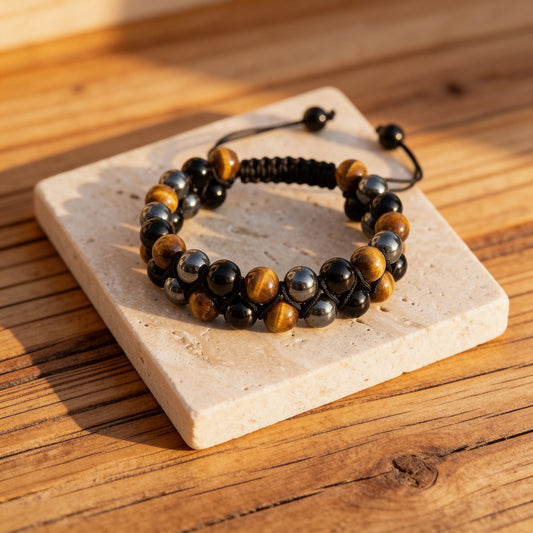 Bracelet Tressé Hématite, Œil de Tigre & Obsidienne — Triple Protection