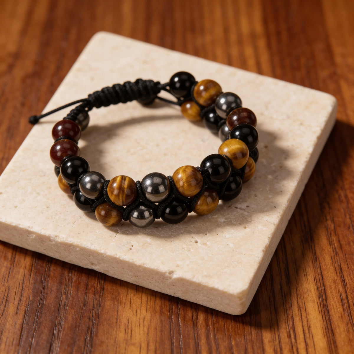 Bracelet Tressé Hématite, Œil de Tigre & Obsidienne — Triple Protection