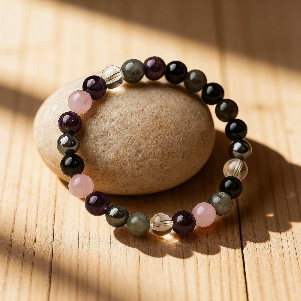 Bracelet Améthyste, Quartz Rose, Labradorite & Hématite — Haute Vibration