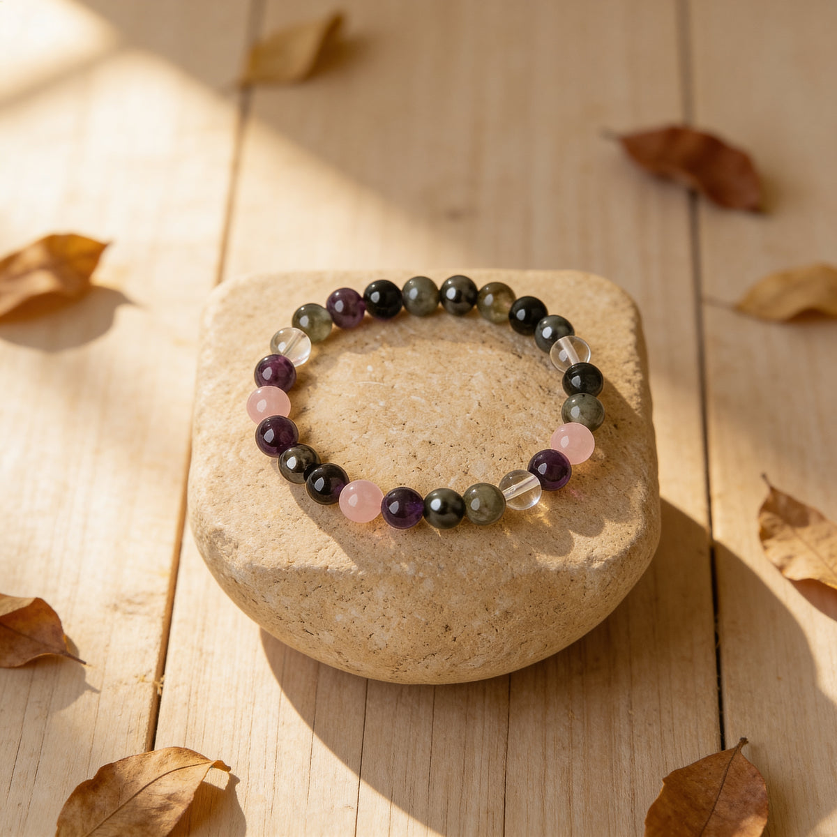 Bracelet Améthyste, Quartz Rose, Labradorite & Hématite — Haute Vibration