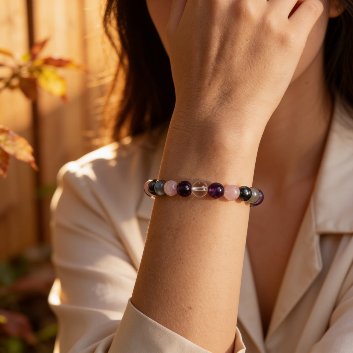 Bracelet Améthyste, Quartz Rose, Labradorite & Hématite — Haute Vibration