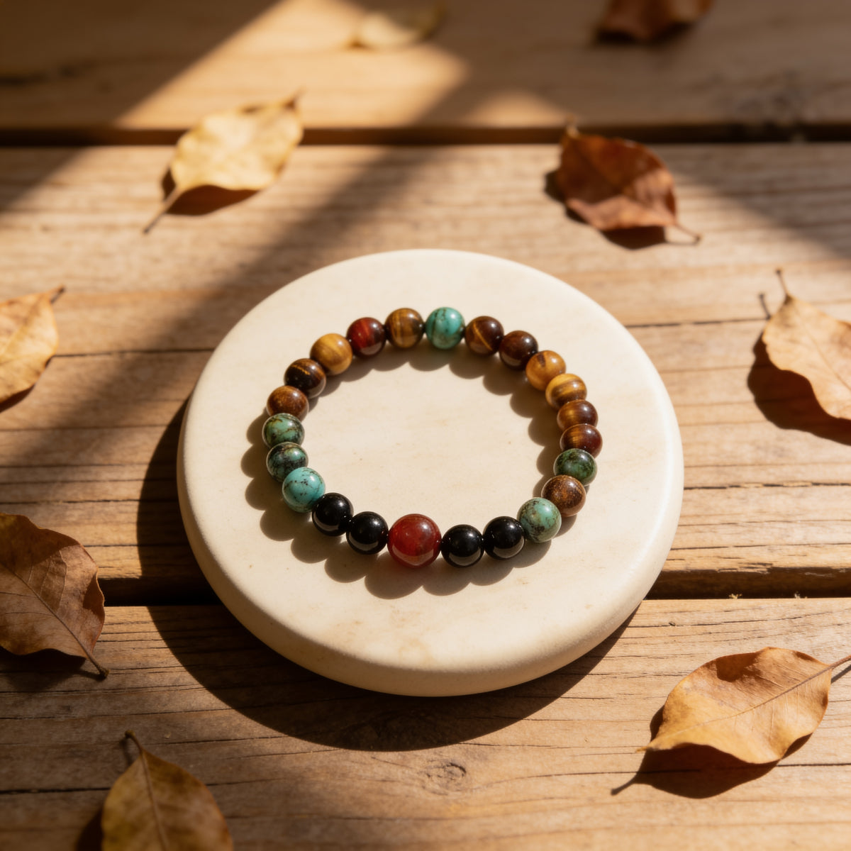 Bracelet "Énergies Protectrices" en Oeil de Tigre, Oeil de Taureau & Turquoise Africaine - 17cm - L'Arbre des Chakras