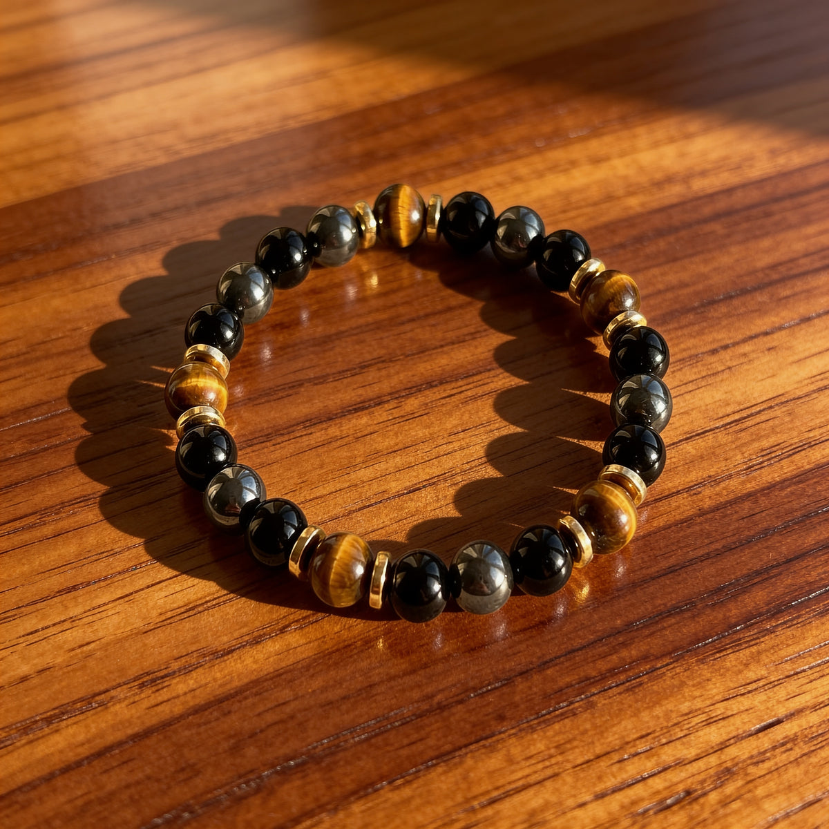 Bracelet Œil de Tigre, Hématite & Onyx — Confiance & Bouclier