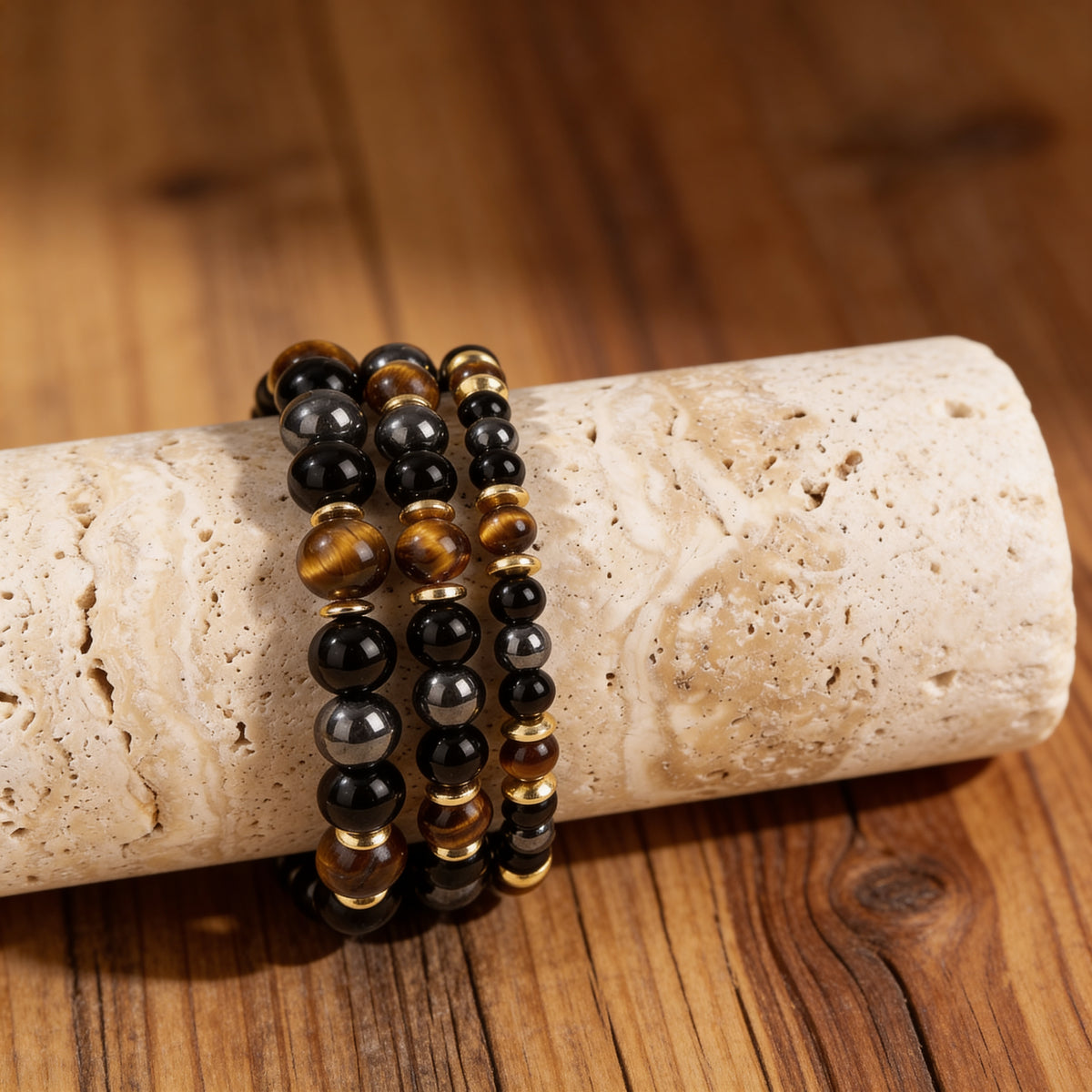 Bracelet Œil de Tigre, Hématite & Onyx — Confiance & Bouclier