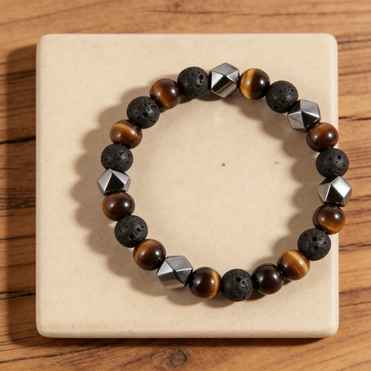 Bracelet Triple Protection en Pierre de Lave, Oeil de Tigre & Hématite - 18cm - L'Arbre des Chakras