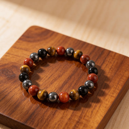 Bracelet "Ancrage & Protection" en Tourmaline, Jaspe Rouge, Hématite & Oeil de Tigre - 6mm / 17cm - L'Arbre des Chakras