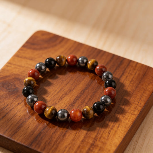 Bracelet "Ancrage & Protection" en Tourmaline, Jaspe Rouge, Hématite & Oeil de Tigre - 6mm / 17cm - L'Arbre des Chakras