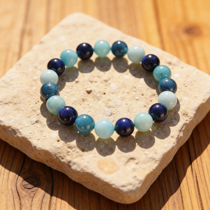 Bracelet "Océan" en Amazonite, Lapis Lazuli, Aigue-Marine & Apatite - 17cm - L'Arbre des Chakras