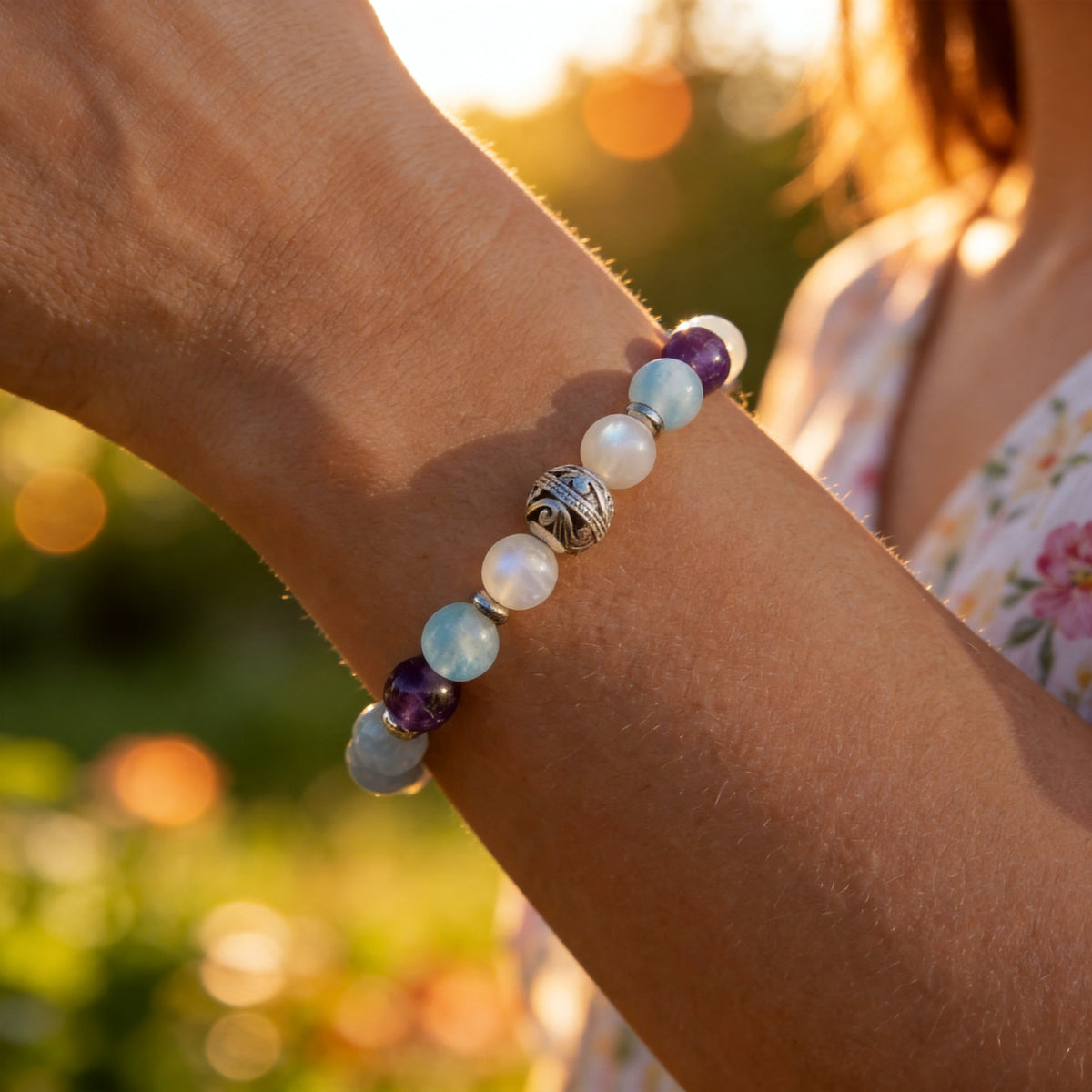 Bracelet Améthyste, Aigue-Marine & Pierre de Lune — Bien-Être Féminin