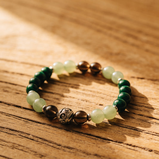 Bracelet Aventurine, Malachite & Quartz Fumé — Chance & Protection