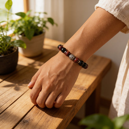 Bracelet Grenat, Œil de Taureau & Obsidienne — Flamme & Résilience